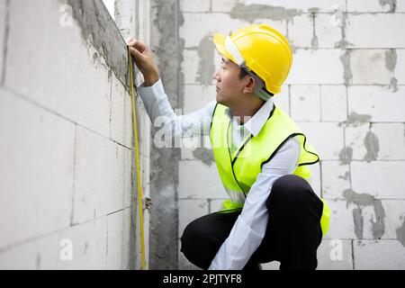 Young Asian engineer in engineering uniform and helmet at construction site using a measurement tape to measure for precision. 30s professional foreman working on structure building at workplace Stock Photo