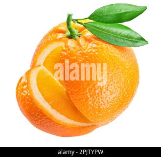 Orange fruit with green leaf and slice of orange fruit isolated on a white background. File contains clipping path. Stock Photo