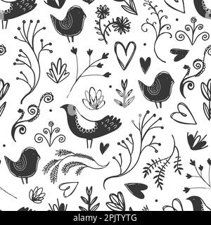 Vector seamless bird doodle pattern. Hand drawn swirls, florals, chicken, hearts and branches. Cute black and white background Stock Vector