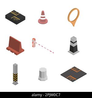 Set of different signs road repairs, isolated on white background. Under construction design elements. Flat 3D isometric style, vector illustration. Stock Vector