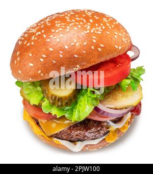 Appetizing cheeseburger or hamburger close up on white background.  Clipping path. Stock Photo