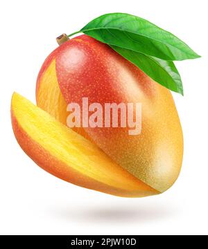 Mango fruit with mango slice and green leaf isolated on a white background. File contains clipping path. Stock Photo