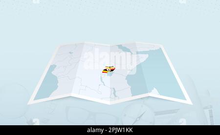 Map of Uganda with the flag of Uganda in the contour of the map on a trip abstract backdrop. Travel illustration. Stock Vector