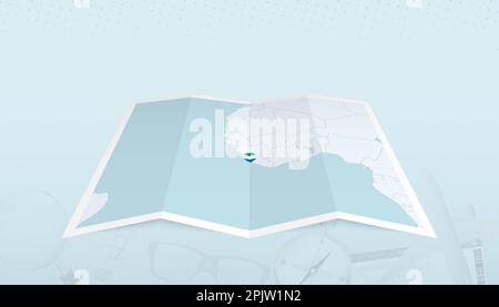 Folded paper map of Sierra Leone with flag pin of Sierra Leone. Vector ...