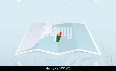Map of Madagascar with the flag of Madagascar in the contour of the map on a trip abstract backdrop. Travel illustration. Stock Vector