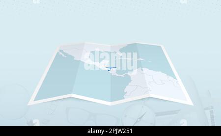 Map of Honduras with the flag of Honduras in the contour of the map on a trip abstract backdrop. Travel illustration. Stock Vector