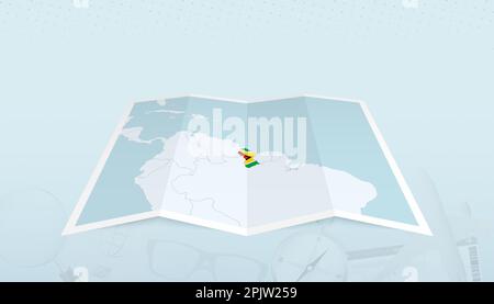 Map of Guyana with the flag of Guyana in the contour of the map on a trip abstract backdrop. Travel illustration. Stock Vector