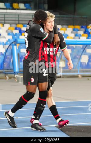 Naples, Italy. 02nd Apr, 2023. Naples, Italy, April 2nd 2023: Alexis Saelemaekers (56 Milan) celebrates during the Serie A match between SSC Napoli and AC Milan at Diego Armando Maradona Stadium in Naples. (Foto Mosca/SPP) Credit: SPP Sport Press Photo. /Alamy Live News Stock Photo