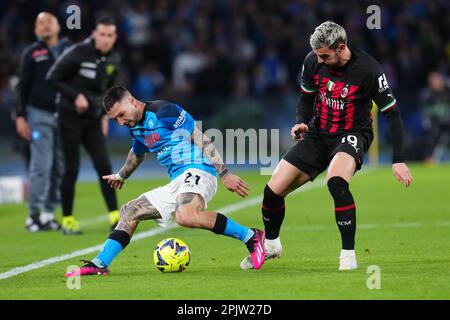 Naples, Italy. 02nd Apr, 2023. Naples, Italy, April 2nd 2023: Matteo Politano (21 Napoli) vies with Theo Hernández (19 Milan) during the Serie A match between SSC Napoli and AC Milan at Diego Armando Maradona Stadium in Naples. (Foto Mosca/SPP) Credit: SPP Sport Press Photo. /Alamy Live News Stock Photo
