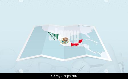Map of Mexico with the flag of Mexico in the contour of the map on a trip abstract backdrop. Travel illustration. Stock Vector