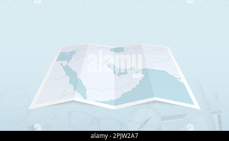 Map of Bahrain with the flag of Bahrain in the contour of the map on a trip abstract backdrop. Travel illustration. Stock Vector