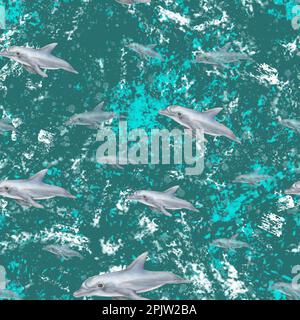 Flying dolphins seamless pattern. Turquoise green water. Dolphins in the sea abstract background. Stock Photo