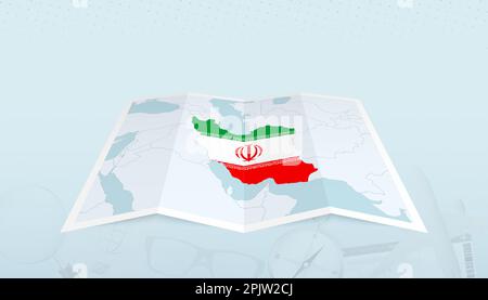 Map of Iran with the flag of Iran in the contour of the map on a trip abstract backdrop. Travel illustration. Stock Vector