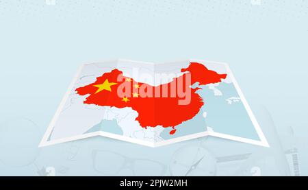 Map of China with the flag of China in the contour of the map on a trip abstract backdrop. Travel illustration. Stock Vector