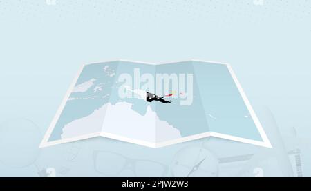 Map of Papua New Guinea with the flag of Papua New Guinea in the contour of the map on a trip abstract backdrop. Travel illustration. Stock Vector