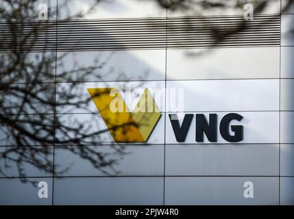 Leipzig, Germany. 04th Apr, 2023. The logo of gas supplier VNG AG hangs on the company's headquarters. The number three on the German market had run into financial difficulties due to the energy crisis. The lack of Russian gas supplies had to be replaced expensively from other sources. Credit: Jan Woitas/dpa/Alamy Live News Stock Photo