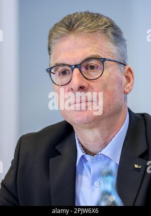 Leipzig, Germany. 04th Apr, 2023. Bodo Rodestock, Board Member for Finance, Human Resources & IT, sits in the financial press conference at the Group's headquarters. The number three on the German market had run into financial difficulties due to the energy crisis. The lack of Russian gas supplies had to be replaced expensively from other sources. Credit: Jan Woitas/dpa/Alamy Live News Stock Photo