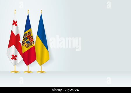 Flags of Georgia, Moldova and Ukraine stand in row on indoor flagpole.  Vector illustration. Stock Vector