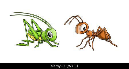 Cute grasshopper and ant illustration. Isolated illustration with funny and happy insects. Coloring page for kids. Stock Photo