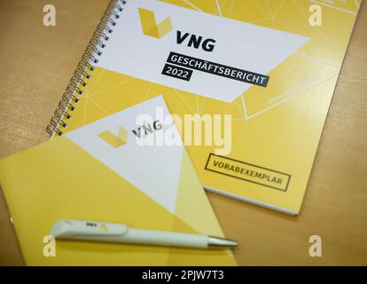 Leipzig, Germany. 04th Apr, 2023. VNG AG's annual report is ready for the financial press conference at the Group's headquarters. The number three on the German market had run into financial difficulties due to the energy crisis. The lack of Russian gas supplies had to be replaced expensively from other sources. Credit: Jan Woitas/dpa/Alamy Live News Stock Photo