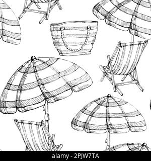Hand drawn vector ink beach striped chairs bags and umbrellas Seamless pattern. Isolated on white background. Design wall art, wedding, print, fabric Stock Vector