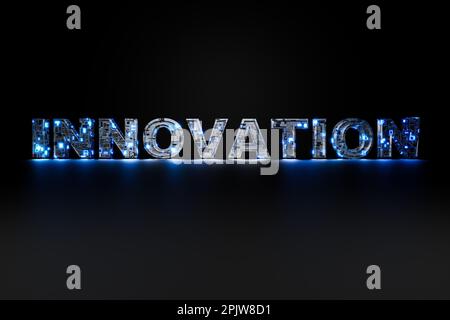 Sci-Fi metal innovation text 3D illustration on black background Stock Photo