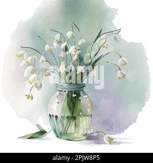 Watercolor Snowdrop flowers Galanthus . Hand drawn realistic vector illustration of white snowdrop flowers in glass vase on white background Stock Vector