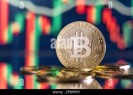 Cryptocurrency trading market. Image of golden bitcoin on background with digital chart of unstable crypto prices, red and green candlesticks changing their directions up and down Stock Photo