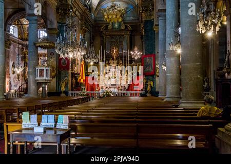 This is interior ancient Basilica of St. Michael the Archangel May 21, 2015 in Menton, France. Stock Photo