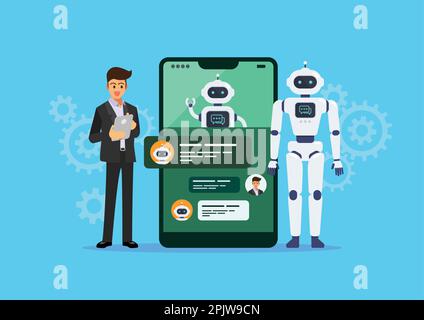 Businessman is talking or chatting with chat bot. Chat GPT. Artificial Intelligence. Vector illustration Stock Vector