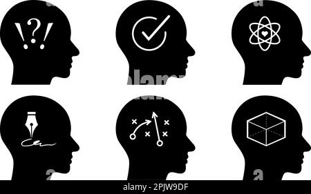 Flat icons of question, solution, and strategy as a concept of human mental capacity value Stock Vector