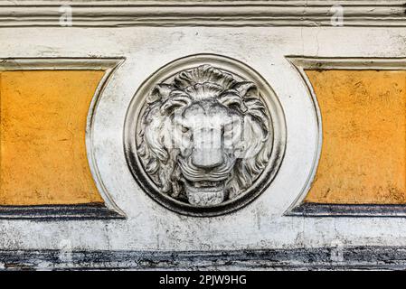 Lion head concrete mold as decorative detail of an old wall, architectural feature Stock Photo