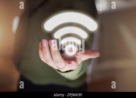 Woman hands, hotspot and wireless icon for network, signal and connection to technology, internet and website media. Closeup of digital connectivity Stock Photo