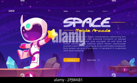 Astronaut in space on alien planet landscape, mobile arcade landing page. Cosmos background with cute cosmonaut in white spacesuit and helmet holding Stock Vector