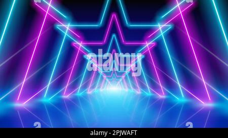 Glowing neon lines, star shaped led arcade, stage light, tunnel. Pink blue corridor glowing neon arch, perspective. Abstract technology background Stock Vector