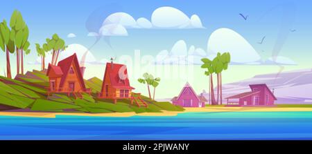 Cozy wooden houses near mountain lake. Vector cartoon illustration of beautiful natural landscape, glamping huts on green hill, tall trees, blue water Stock Vector