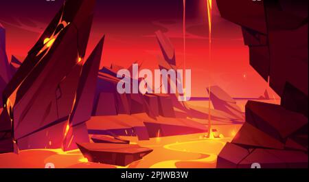 Hell background with lava in cave. Fantasy landscape with fiery magma flows in mountains. Scary scene with lava river in rocks crack, vector cartoon i Stock Vector