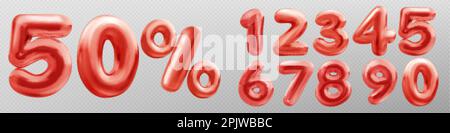 3d numbers font with percent sign for discount, special sale banner. Glossy balloons of red digits isolated on transparent background, vector realisti Stock Vector