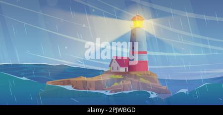 Lighthouse on cliff island in storm sea vector illustration. Cartoon wind and rain in ocean with big wave and lightning signal from beacon. Stormy cyc Stock Vector