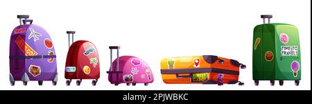 Travel suitcase vector illustration. Isolated cartoon tourist bag and luggage for vacation trip. Case on wheel with camera and airplane sticker icon c Stock Vector