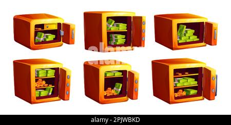 Bank vault box, open safe with money. Icons of gold safe boxes with open doors, golden coins and bills inside. Concept of finance, treasure, wealth, d Stock Vector