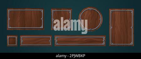 Wooden plates with metal frames for game ui design. Wood signs, panels and planks different shapes with medieval iron borders, vector cartoon set isol Stock Vector