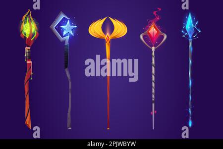 Magic vector staff, wizard game fantasy stick. Magician scepter weapon with crystal and wood cane. Sorcery battle golden stuff to use for spell and at Stock Vector