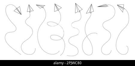Paper airplane lines, vector air travel. Outline origami planes flying with flight trails of dashed lines. Isolated thin line folded paper aircraft to Stock Vector