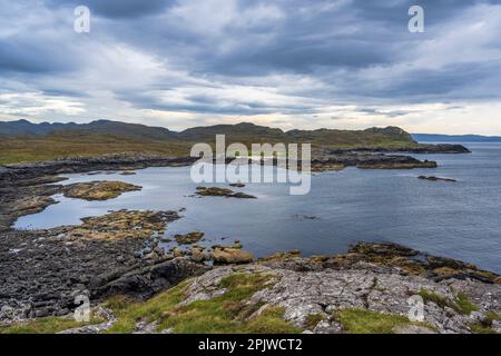 View of rugged coastline at Ardnamurchan Point, the most westerly point on mainland Britain, on Ardnamurchan Peninsula in Lochaber, Scotland Stock Photo