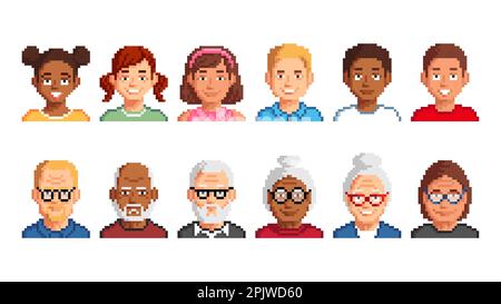 Avatar pixel characters. Elderly, aged seniors and kids, boys and girls. Social network user, gamer or 8 bit retro game player personage pixelated cau Stock Vector