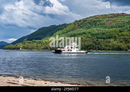 The Corran Ferry on route to Ardgour at the Corran Narrows on Loch Linnhe, on the Ardnamurchan Peninsula in Lochaber, on the West Coast of Scotland Stock Photo