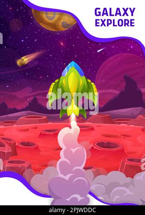Spaceship take off from alien planet, space shuttle flying over ...
