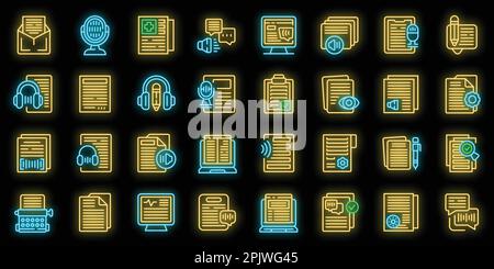 Transcription icons set outline vector. Court career. Audio voice neon color on black Stock Vector