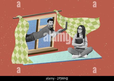 Creative collage advertisement remote education concept girl sitting windowsill guy hold netbook from street isolated on red background Stock Photo